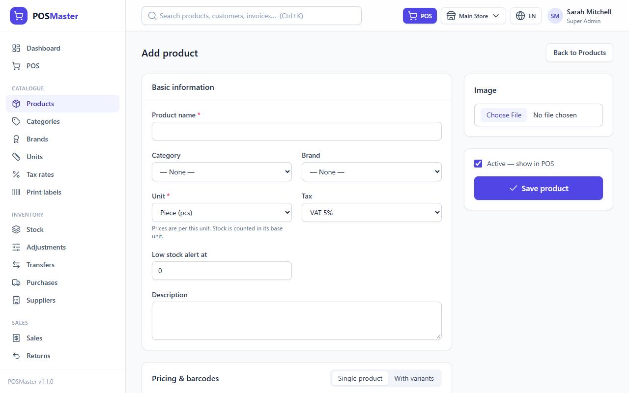 The add product form