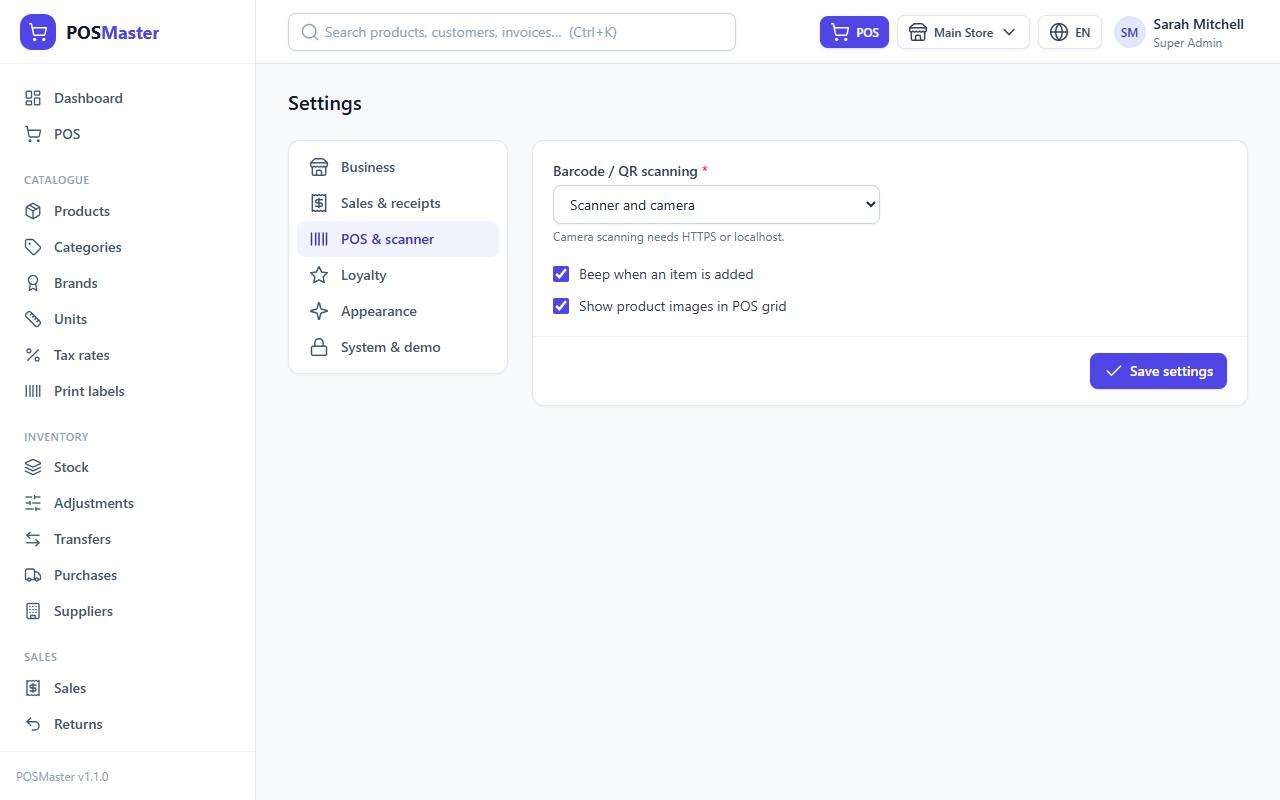 POS and scanner settings