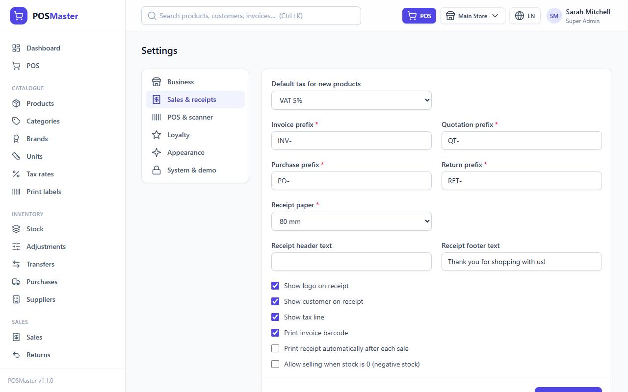Sales and receipts settings