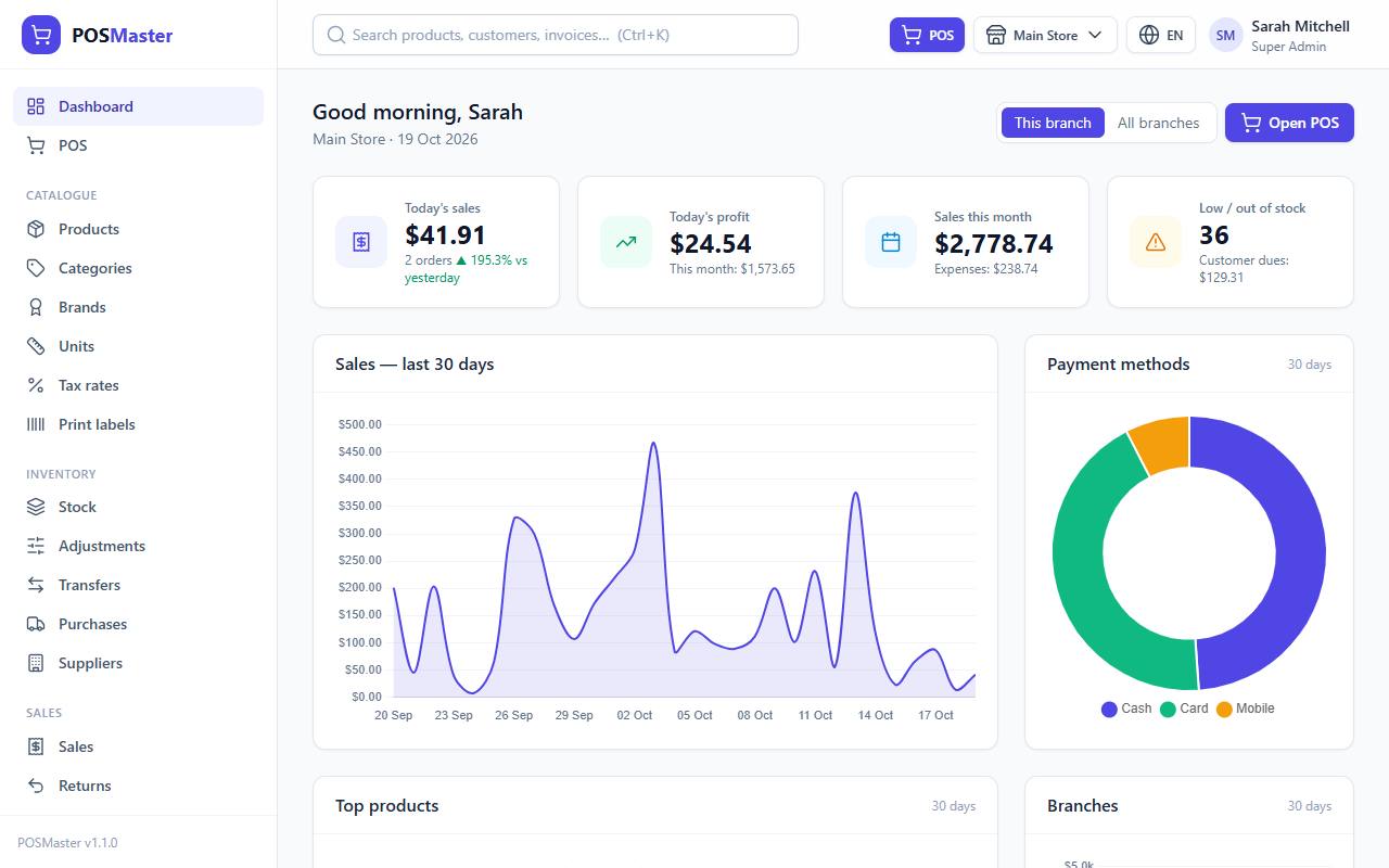 POSMaster dashboard with sales chart, payment methods and stock alerts
