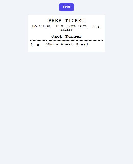 Kitchen preparation ticket without prices